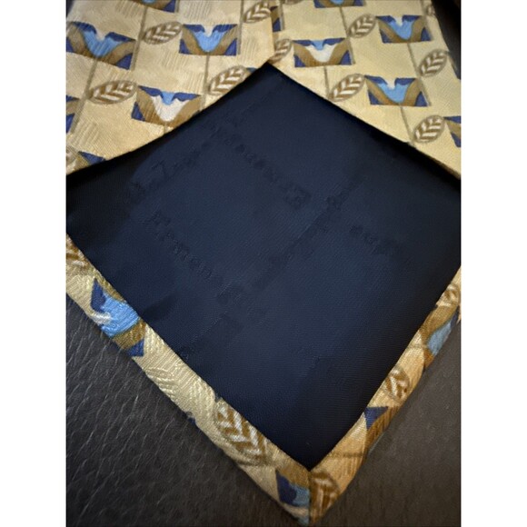 Ermenegildo Zenga Men’s Tie Yellow Blue Ivory Feathers 100% Silk 4” Italian EUC - Picture 6 of 7